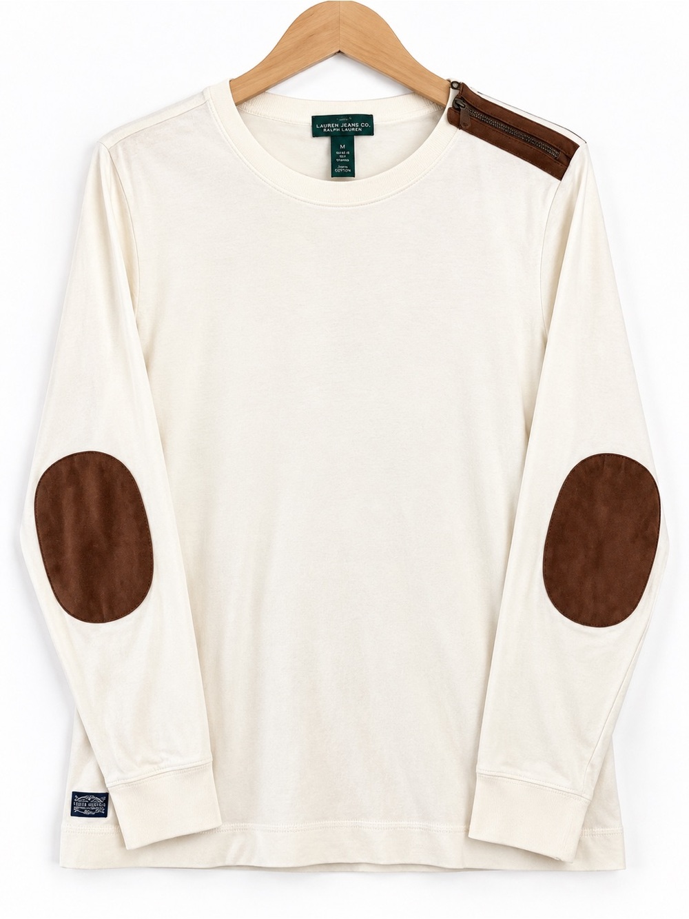 Ralph Lauren Cream Long-Sleeve Tee with Brown Elbow Patches